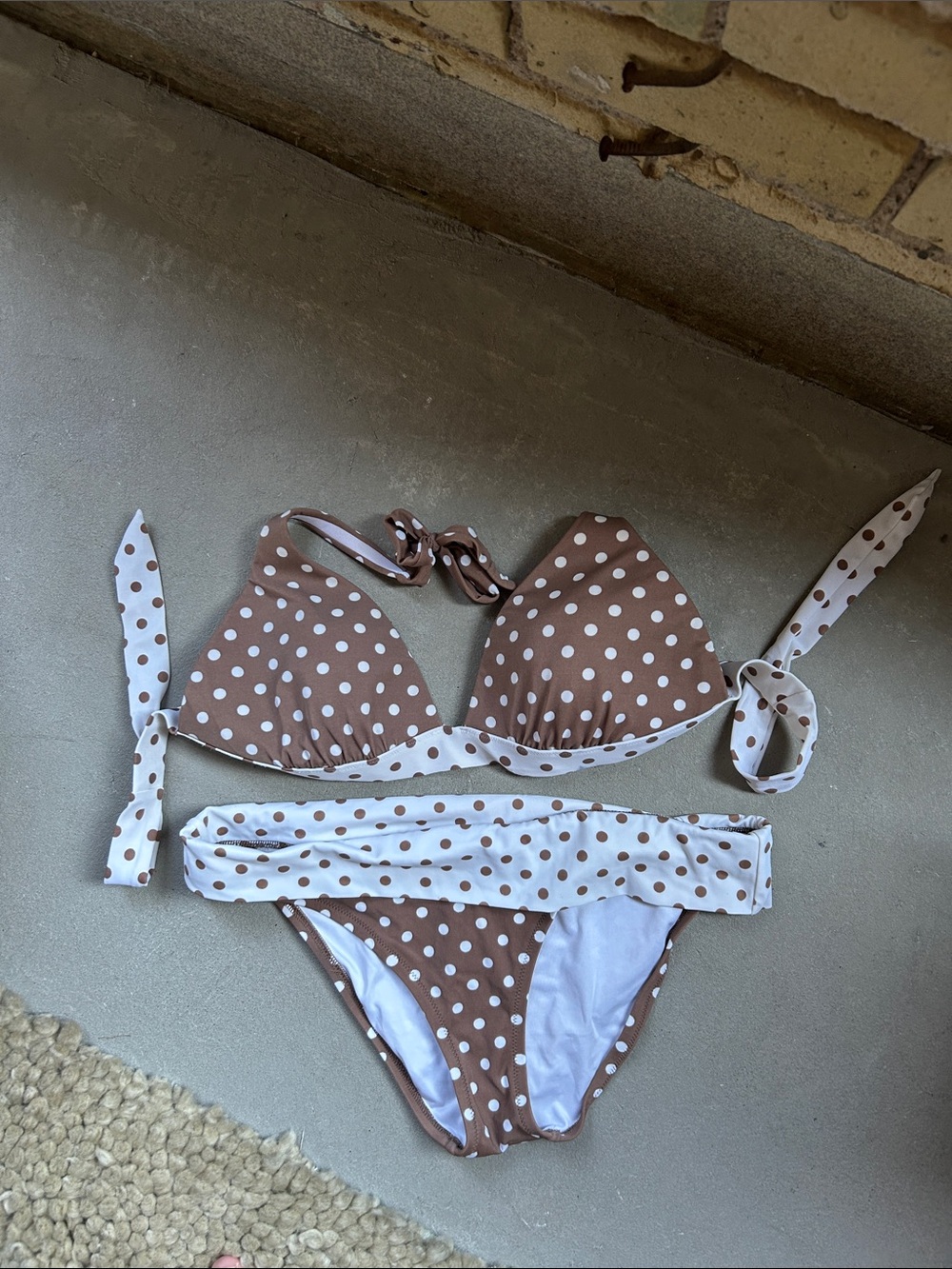Victoria's Secret Brown and White Polka Dot Girls Bikini (top L, bottoms M)